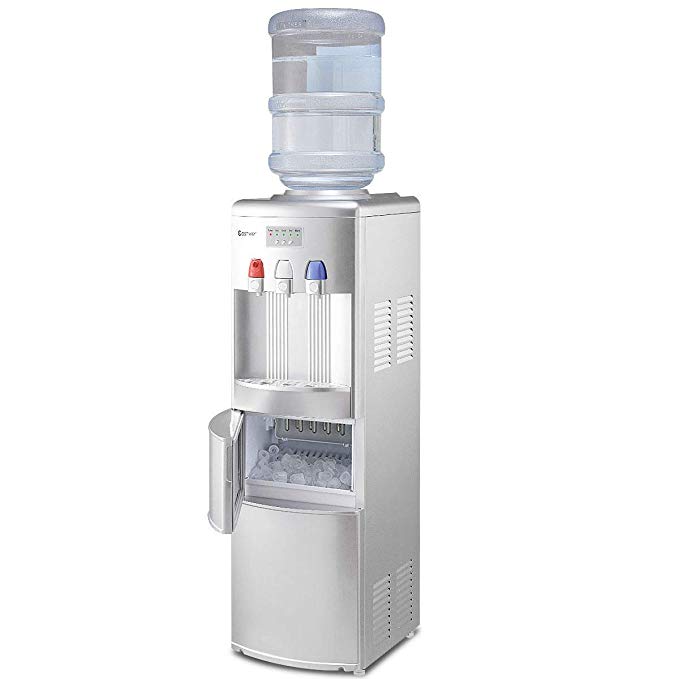 Costway 2-in-1 Water Cooler Dispenser with Built-in Ice Maker Freestanding Hot Cold Top Loading Water Dispenser 27LB/24H Ice Machine with Child Safety Lock, Silver