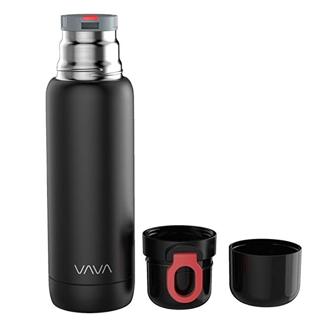 VAVA VA-HP011 Stainless Steel Thermos with Two Serving Cups Lid Travel Mug, 17oz Insulated Double Walled Vacuum Water Bottle-24 Hours Hot Keeping, 12, Black