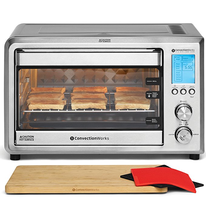 ConvectionWorks® Hi-Q Intelligent Countertop Oven Set, 9-Slice XL Convection Oven Toaster w/Bamboo Cutting Board (10 Accessories, Rotisserie & Spit Included), 1500 Watt, Stainless Steel, Teflon-free