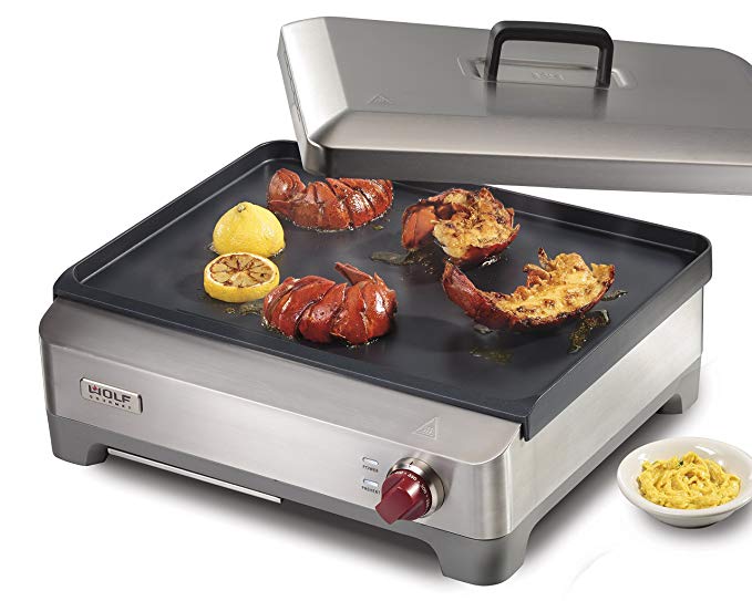 Wolf Gourmet WGGR100S Precision Electric Griddle, Flat Top Countertop Indoor Grill, Stainless Steel with Red Knob