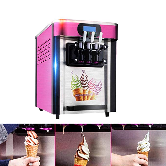 Commercial Ice Cream Machine ,Vinmax Soft Ice Cream Making Machine With 3 Flavors Desktop Small Automatic Drum Ice Cream Machine Without Refrigerant 110V (Pink)