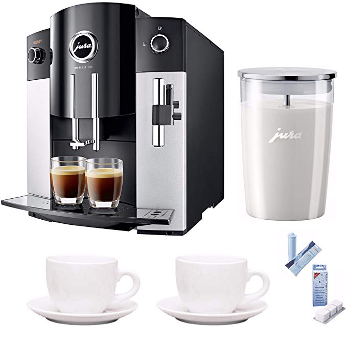 Jura 15068 IMPRESSA C65 Automatic Coffee Machine, Platinum Includes Jura Milk Container, Care Cartridge, Decalcifying Tablets and Set of Ceramic Cups and Saucers