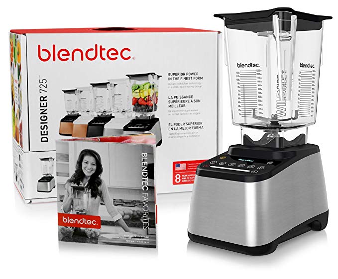 Blendtec Designer 725 Blender with BPA-Free WildSide Jar with Vented Gripper Lid + Blendtec Recipe Book and Starter Guide - Stainless Steel