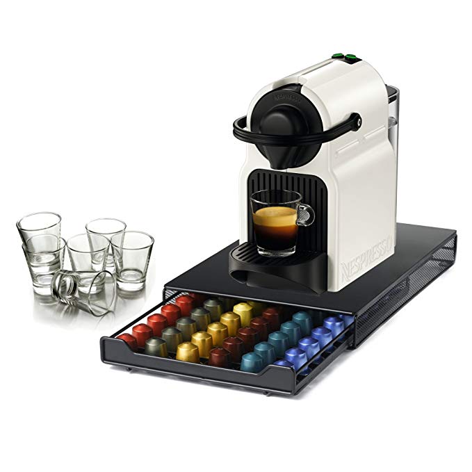 Nespresso Original Line Inissia White Coffee and Espresso Maker with 60 Capsule Storage Drawer and Free Set of 6 Espresso Glasses