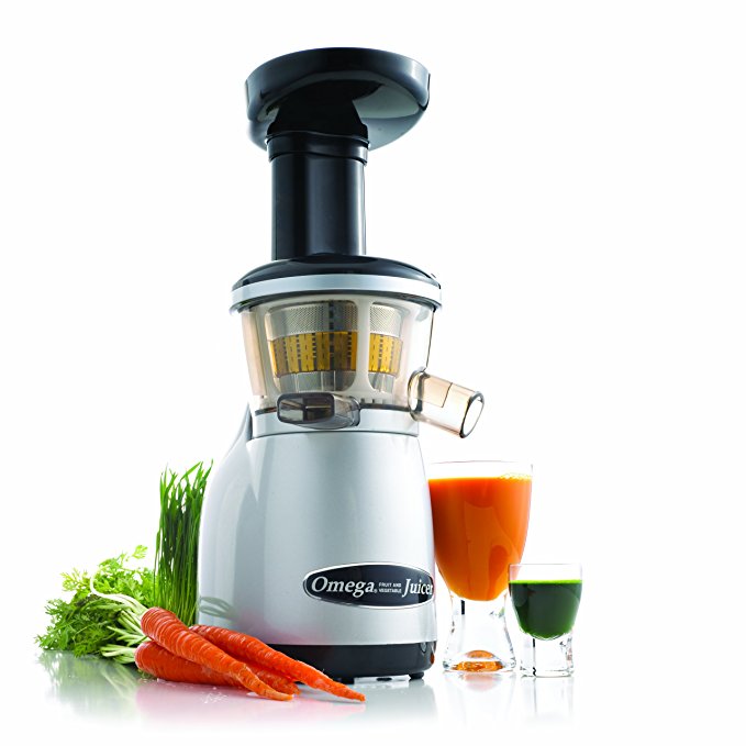 Omega Juicers VRT350 Vertical Slow Masticating Juicer Makes Continuous Fresh Fruit and Vegetable Juice at 80 Revolutions per Minute Features Compact Design Automatic Pulp Ejection, 150-Watt, Silver