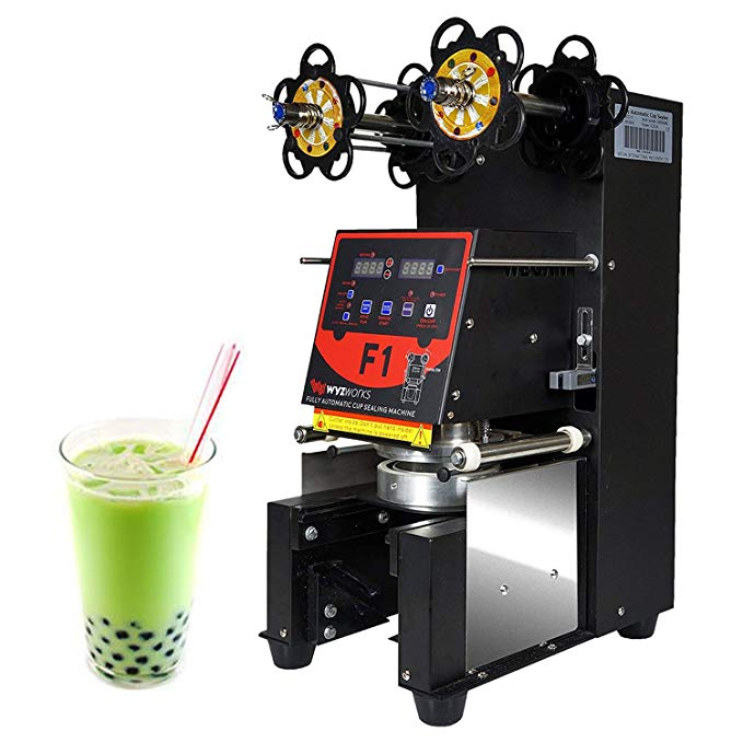 WYZworks F1 420W BLACK [ 500-650 Cups/HR ] Electric Fully Automatic Tea Cup Sealing Machine for Bubble Milk Tea Coffee Smoothies Sealer