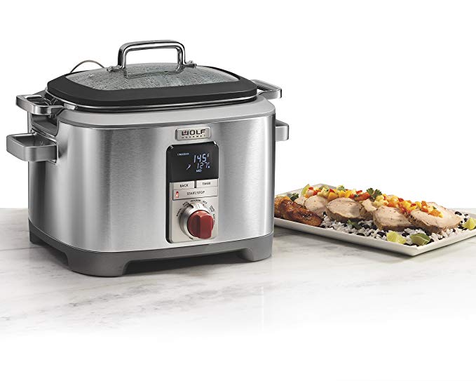 Wolf Gourmet WGSC100S Programmable Multi Function Cooker with Temperature Probe - Slow Cooker, Rice Cooker, Sauté, Sear, Sous Vide, Stainless Steel with Grey Knob (Red Knob)