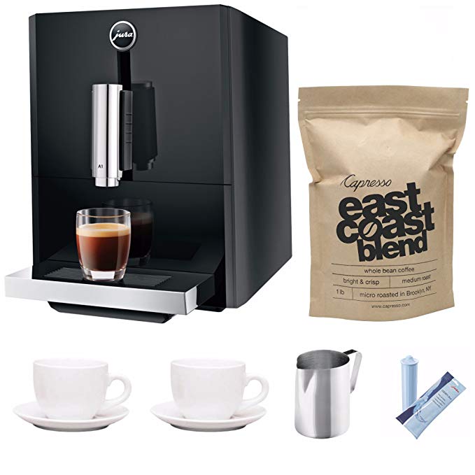 Jura A1 Ultra Compact Coffee Center 15148 with P.E.P. Includes Jura Filter Care Cartridge, Frothing Pitcher, Coffee Beans and Set of 2 Ceramic Cups and Saucers